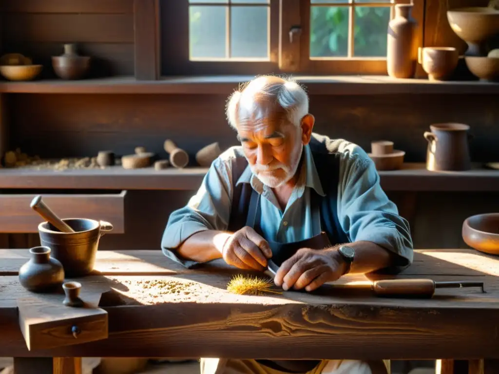 Un anciano artesano talla delicadamente diseños en madera oscura, con luz dorada iluminando su trabajo y herramientas antiguas en la pared