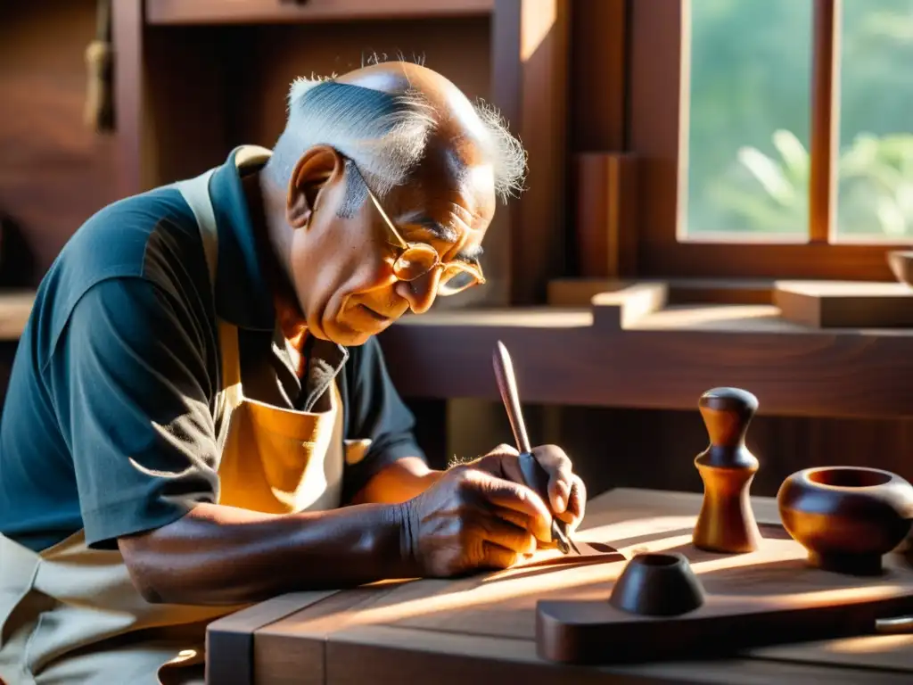 Un anciano artesano talla con maestría diseños intrincados en caoba, rodeado de herramientas y materiales de vibrante color