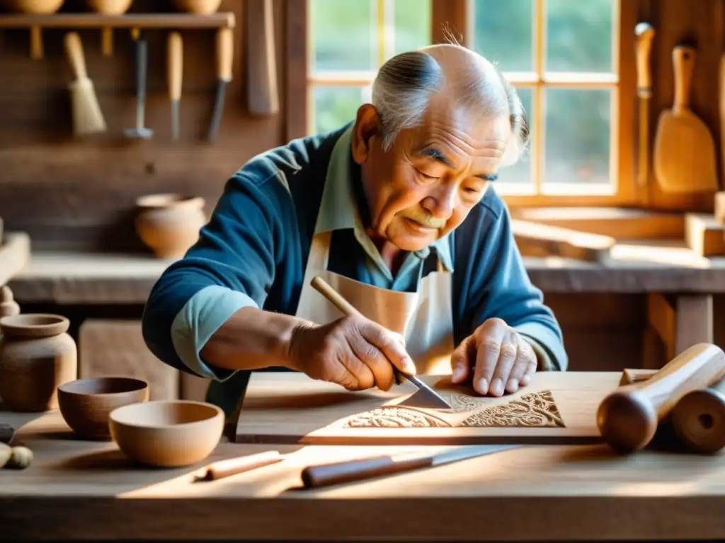 Un anciano artesano talla madera con herramientas tradicionales, preservando técnicas artesanales en digital