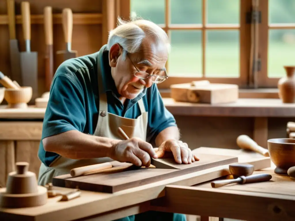 Un anciano artesano talla con maestría en madera, rodeado de herramientas tradicionales