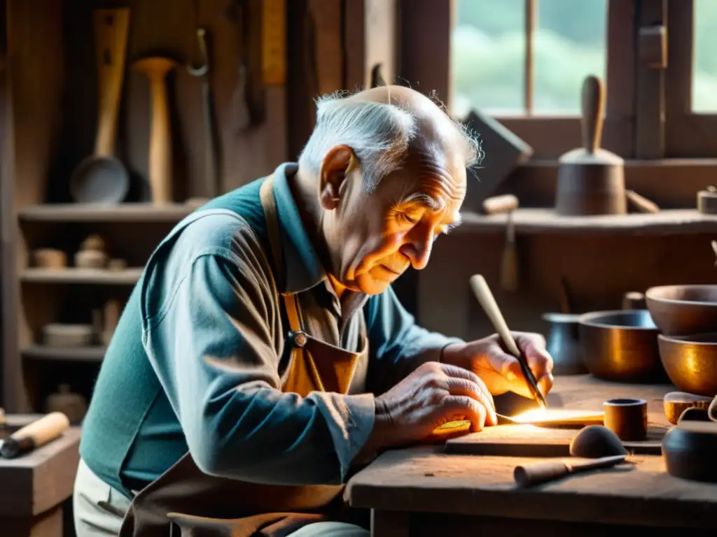 Artesano anciano fusiona tradición y tecnología Un anciano artesano trabaja en su taller, iluminado por la suave luz de la ventana