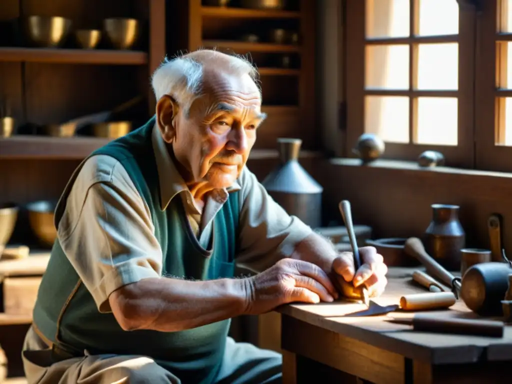 Un anciano artesano trabaja en su taller, rodeado de herramientas y materiales, mientras la luz suave ilumina su rostro