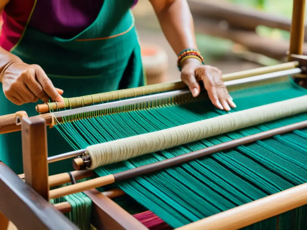 Un anciano artesano teje en un telar tradicional con tintes naturales, evocando la creación textil contemporánea con plantas y la riqueza cultural