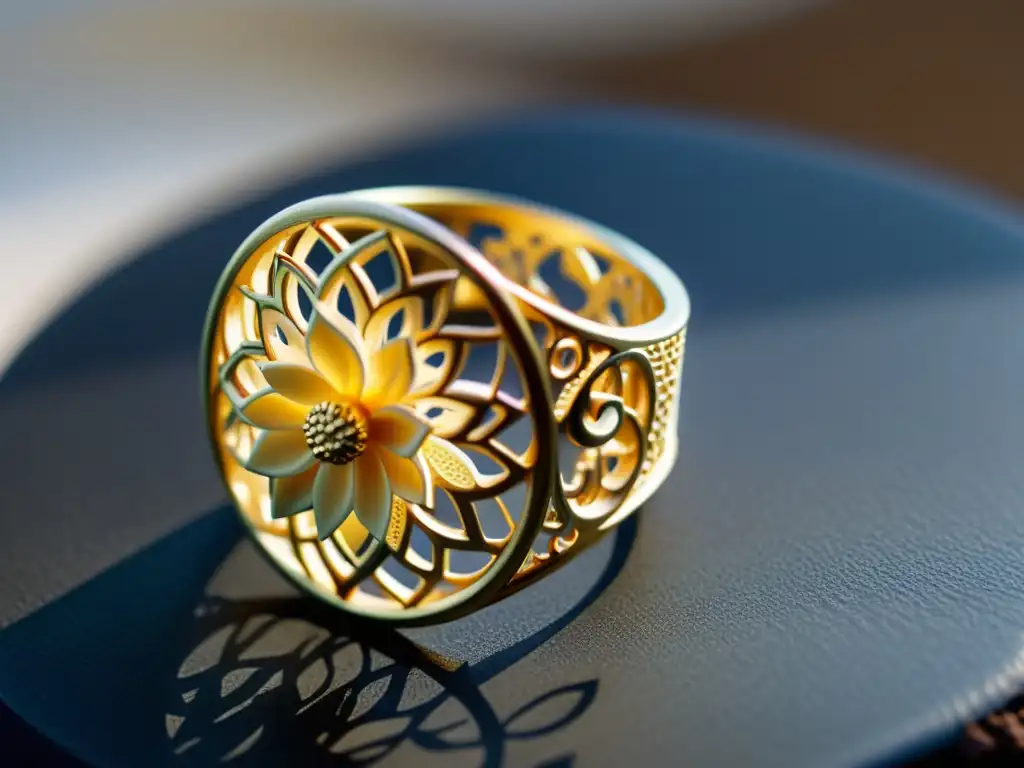 Un anillo vintage impreso en 3D con detalles florales, evocando la fusión entre innovación y tradición en joyas impresas en 3D