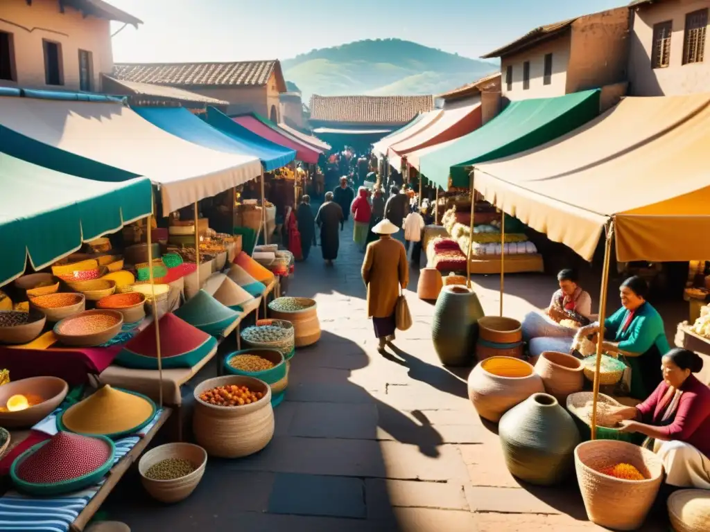 Una animada escena de mercado tradicional con artesanías bajo toldos coloridos