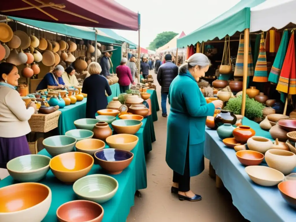 Animado mercado artesanal con coloridas artesanías tradicionales, creando una atmósfera cálida y acogedora de comunidad y tradición