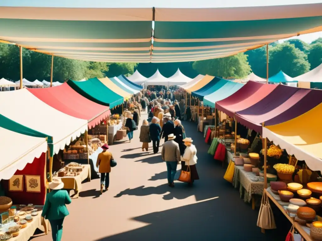 Un animado mercado de artesanía con colores vibrantes y productos hechos a mano bajo toldos coloridos