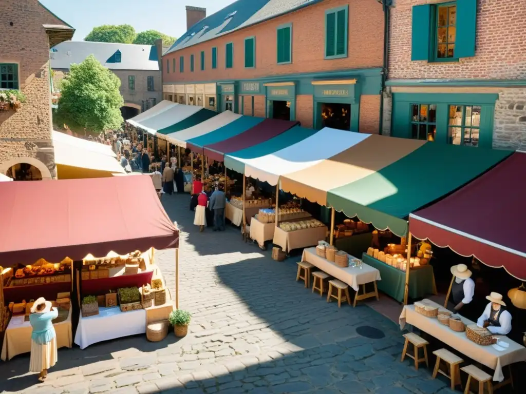 Un animado mercado de artesanías tradicionales en venta online, con productos únicos y coloridos bajo toldos, bañado por cálida luz solar