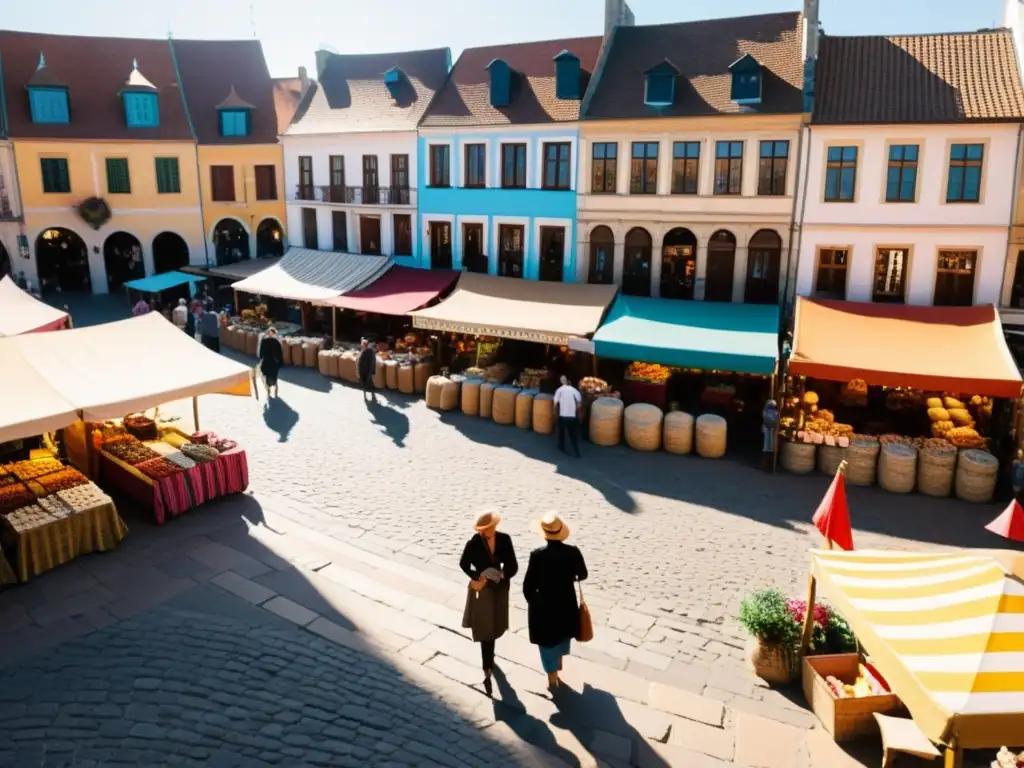 Un animado mercado en una plaza adoquinada con galerías online arte popular turismo, textiles vibrantes y puestos de madera bajo toldos coloridos