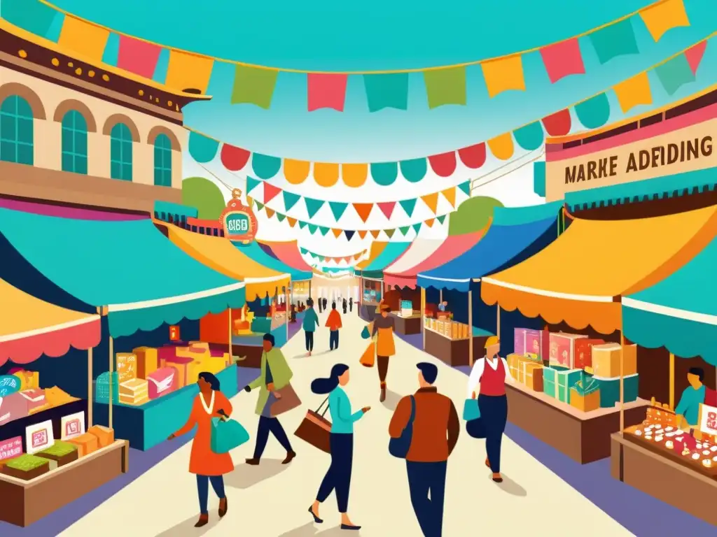 Mercado de Artesanos: Publicidad Online Vibrante Un animado mercado vintage con artesanos y vistosos anuncios de publicidad en línea para artesanos
