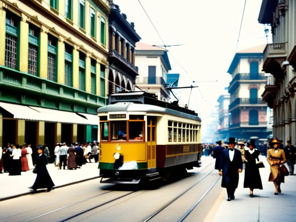 Antigua fotografía sepia de una bulliciosa calle de la ciudad del siglo XX con tranvía eléctrico