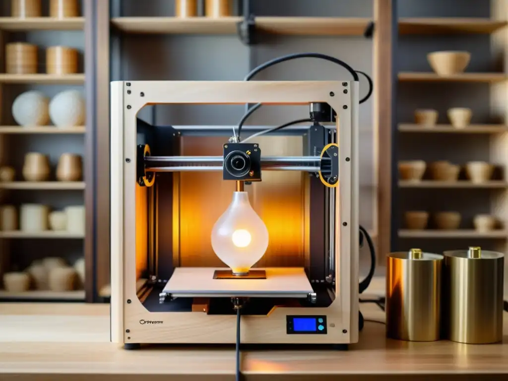 Antigua impresora 3D de madera usando filamento vegetal, con luz suave en taller vintage