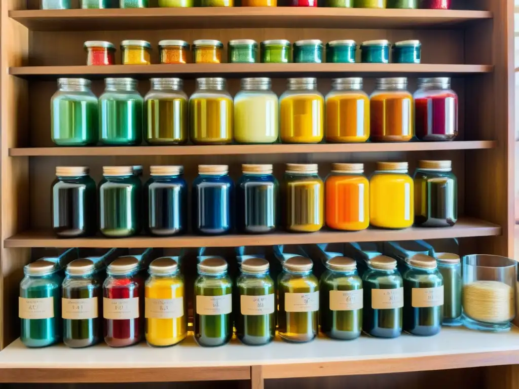 Una antigua máquina de tintura de madera rodeada de tintes naturales en frascos de vidrio y textiles teñidos a mano en colores vibrantes