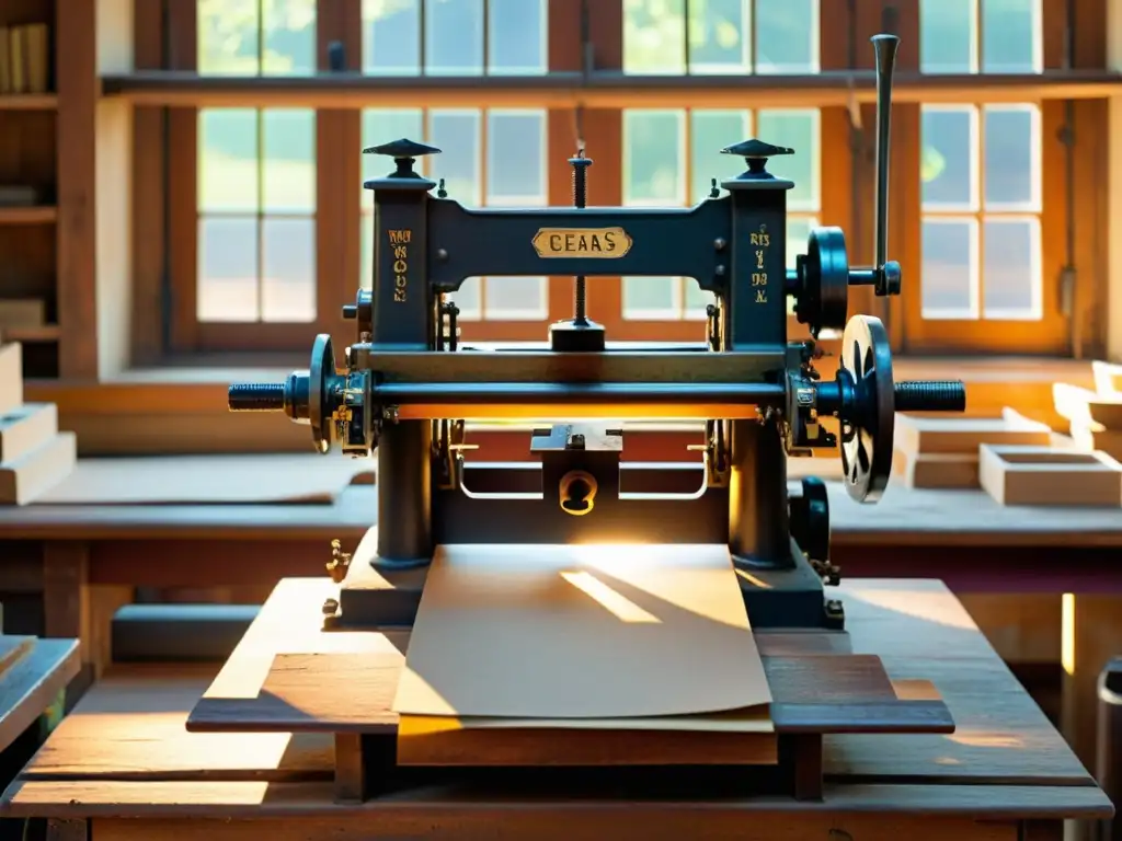 Arte en papel: prensa antigua y colores vibrantes Una antigua prensa de imprenta en un taller artesanal, rodeada de papel reciclado y vibrantes colores de tinta
