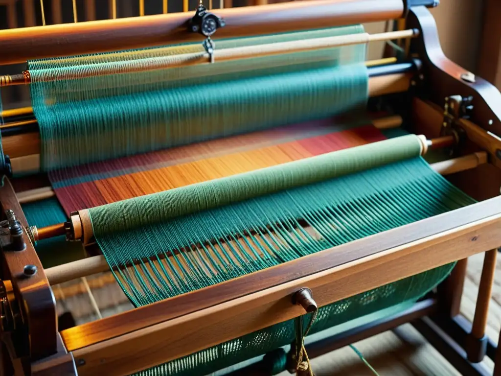 Una antigua tela de telar con hilos de colores en fusión tecnología arte textil, iluminada por una suave luz cálida en una habitación tenue