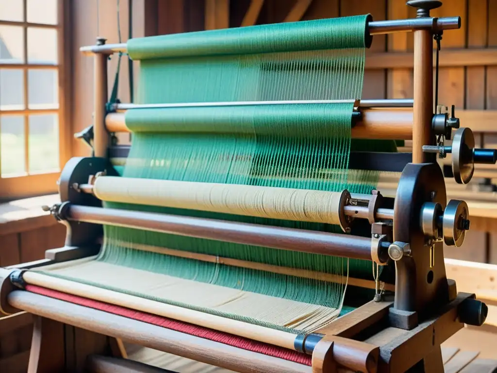 Una antigua telar textil con detalles de madera y hilos de colores, en un taller rústico iluminado por el sol