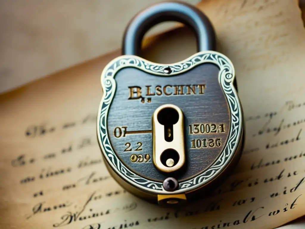 Un antiguo candado de bronce con detalles grabados, sobre papel pergamino con notas manuscritas