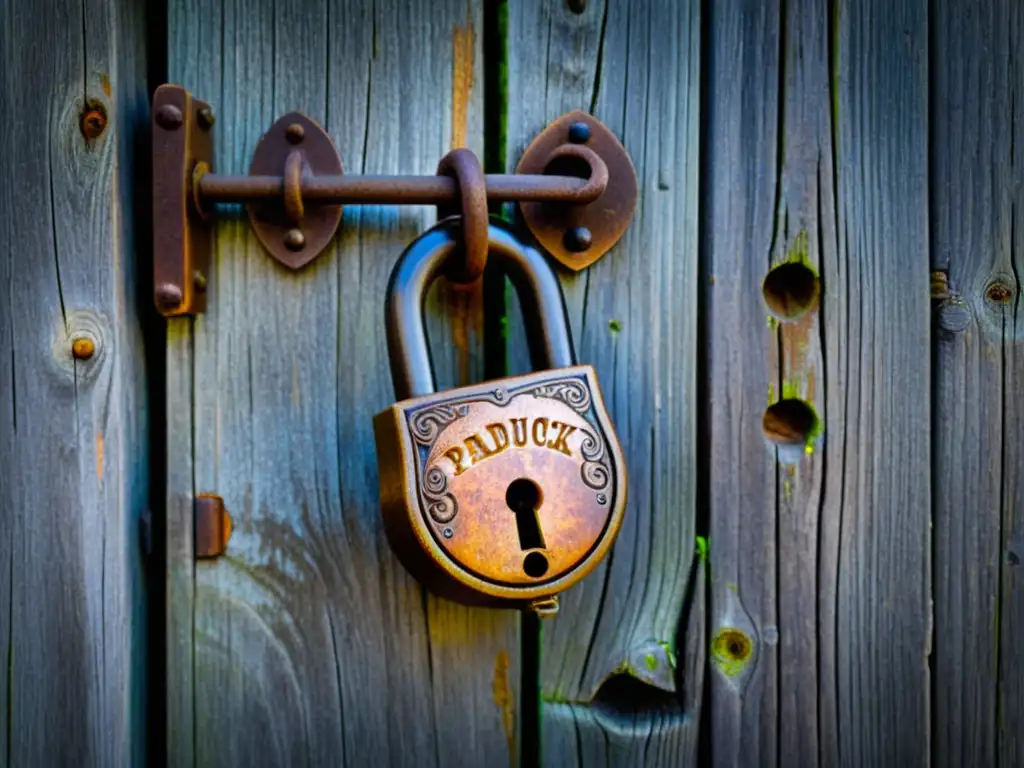 Un antiguo candado desgastado con grabados intrincados y metal oxidado, parcialmente abierto, sobre madera envejecida