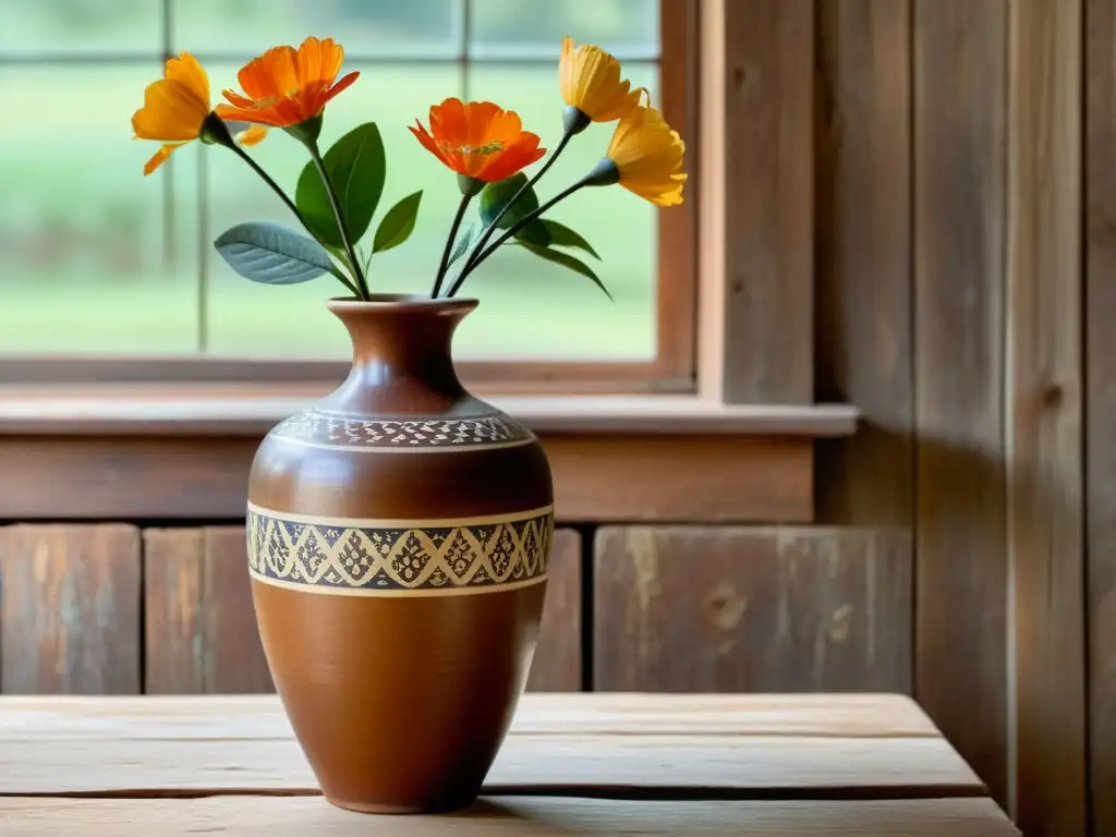 Un antiguo jarrón de cerámica pintado con esmero, en una mesa de madera