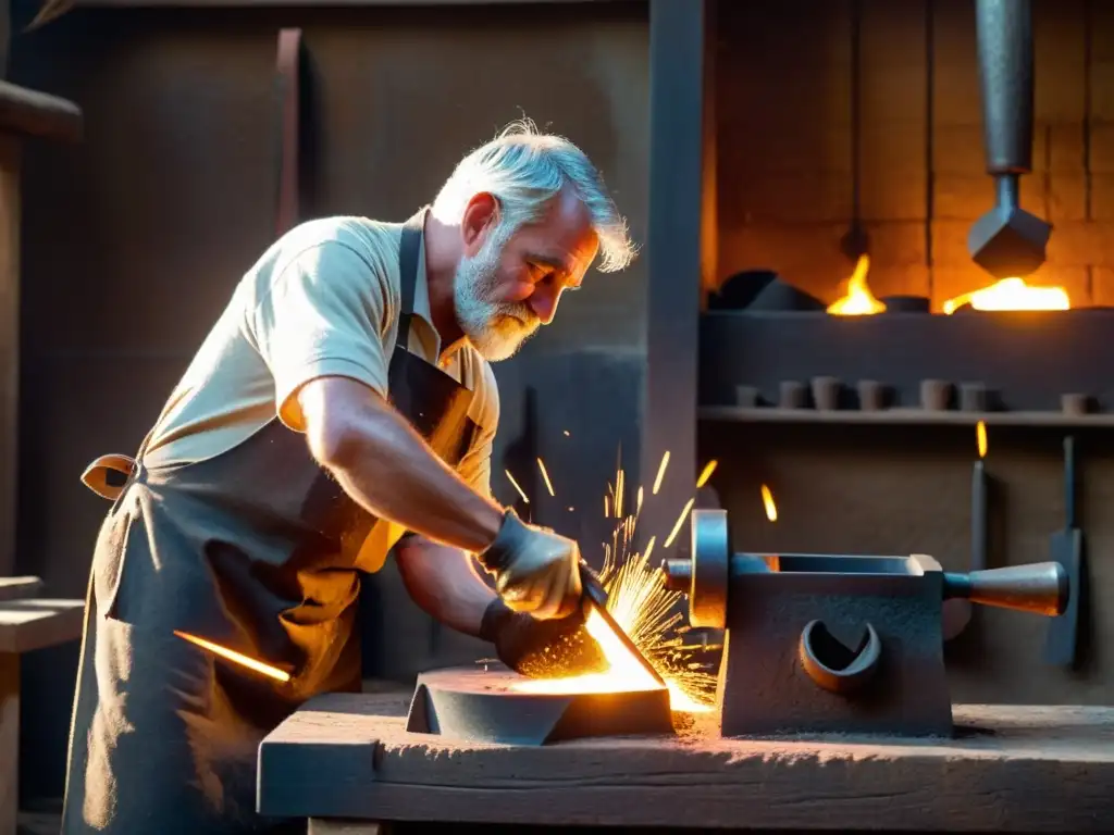 Un antiguo herrero moldea metal fundido con técnicas ancestrales de metalurgia en su taller, iluminado por la calidez de la fragua