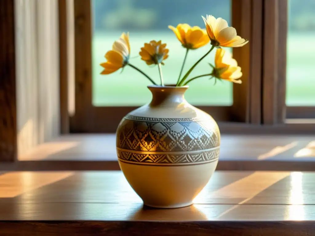 Un antiguo jarrón de cerámica con detalles florales en tonos terrosos, iluminado por el sol