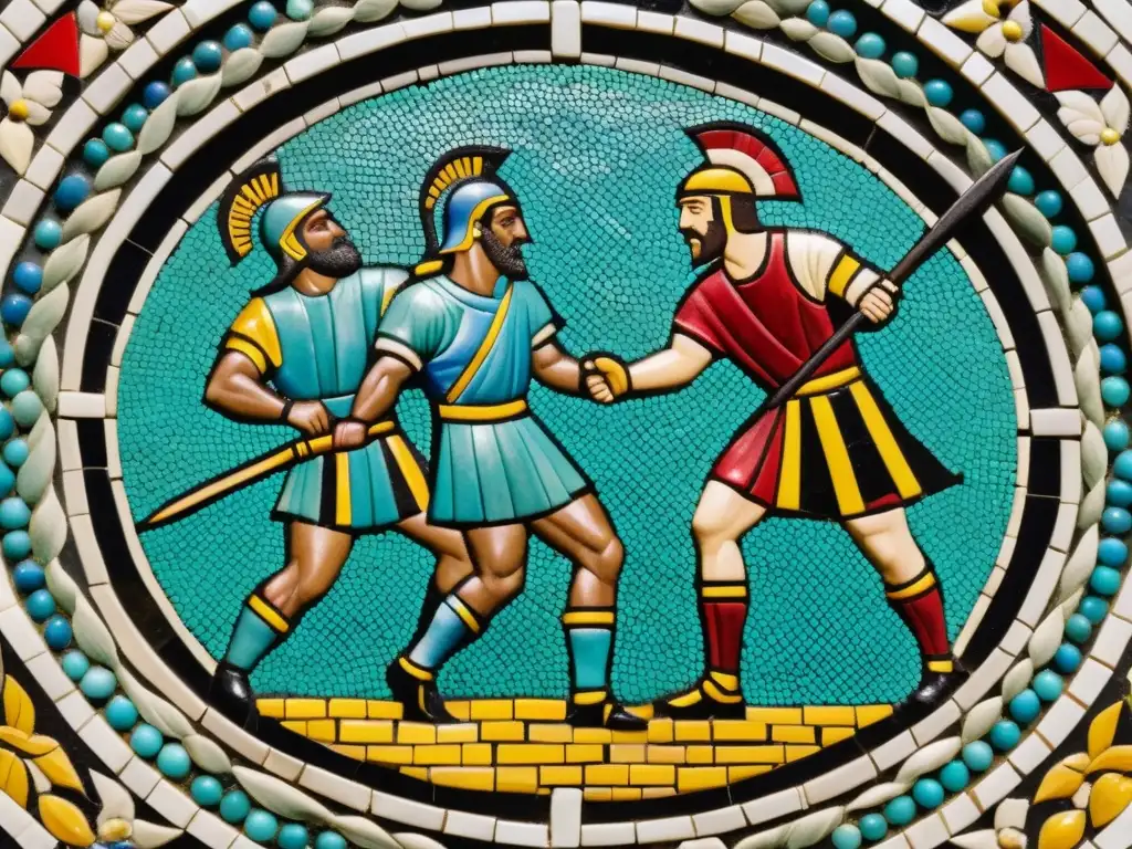 Antiguo mosaico romano de gladiadores en combate, con patrón intrincado y colores vibrantes, resaltando la artesanía de mosaicos