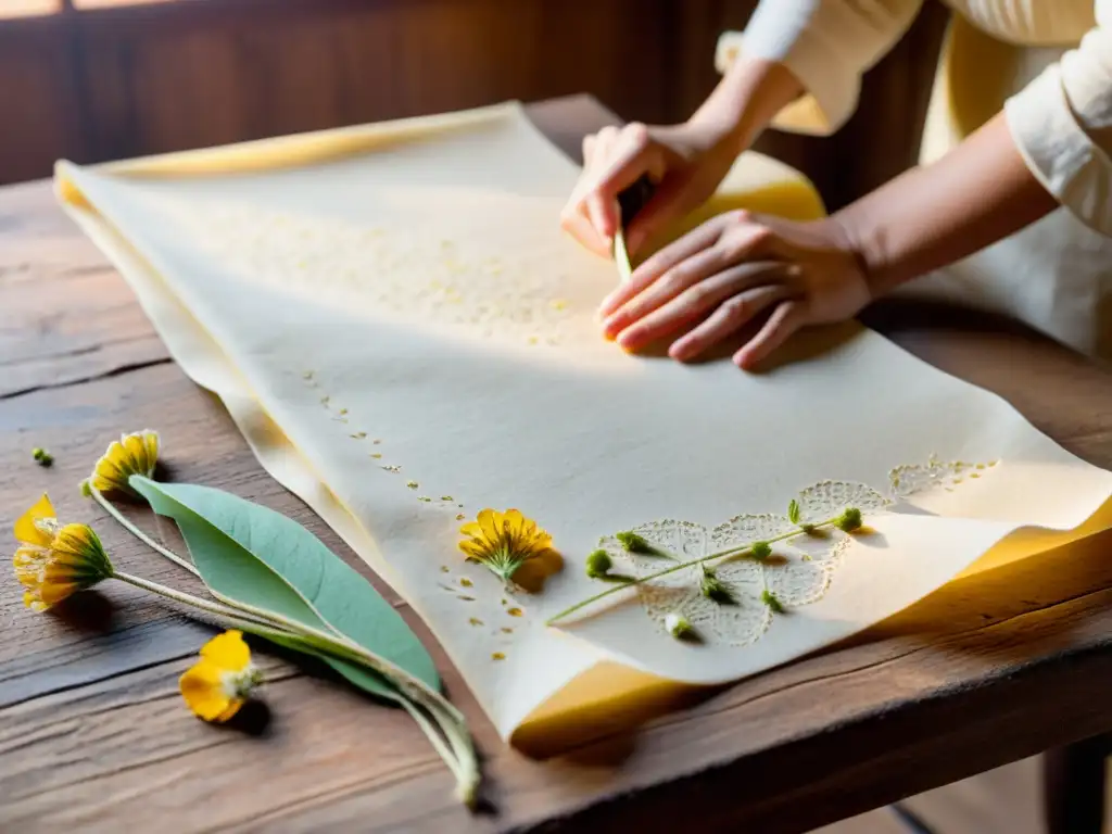 Un antiguo papel artesanal con flores prensadas y hojas, transformado con cuidadosas manos en una nueva creación