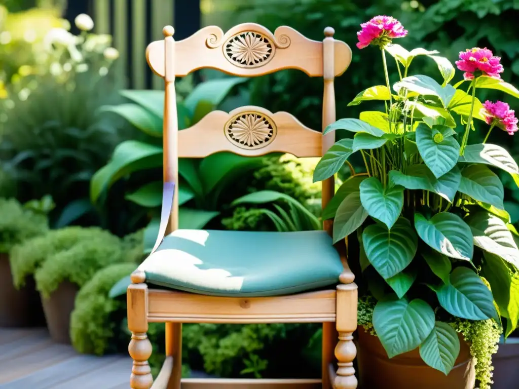 Un antiguo sillón de madera reutilizado como macetero, rebosante de exuberante vegetación