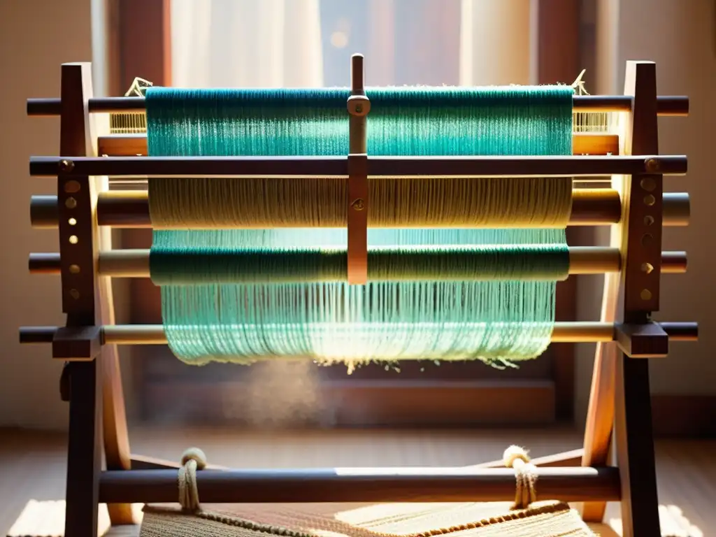 Un antiguo telar con hilos de colores es tejido por manos expertas, mostrando la fusión de lo artesanal y lo digital
