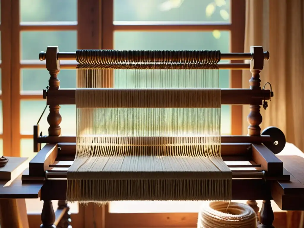 Un antiguo telar de madera con hilos vibrantes en un taller artesanal rústico, iluminado por una lámpara vintage