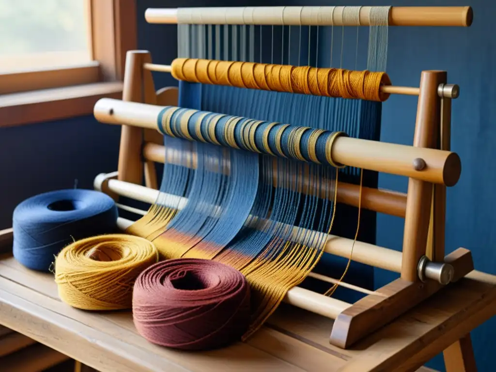 Antiguo telar de madera rodeado de hilos teñidos con tintes ecológicos para artesanía digital, en una habitación soleada