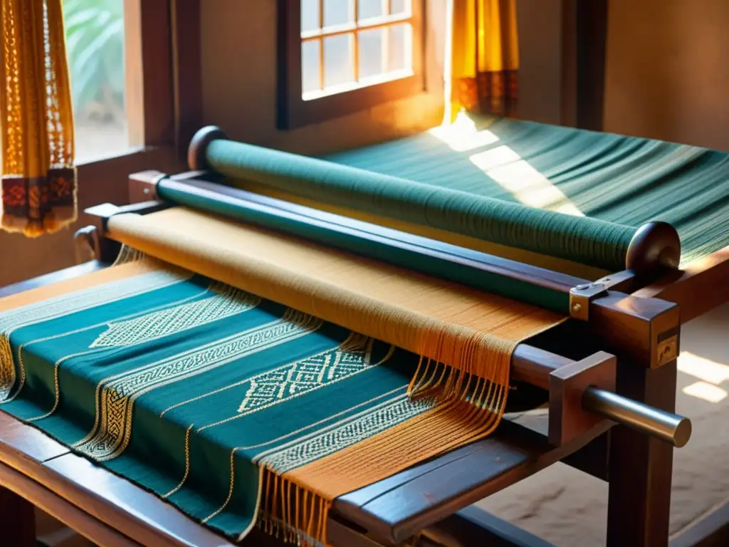 Antiguo telar de madera con tejido artesanal iluminado por luz solar, evocando tradición y destreza en la tecnología digital en la artesanía