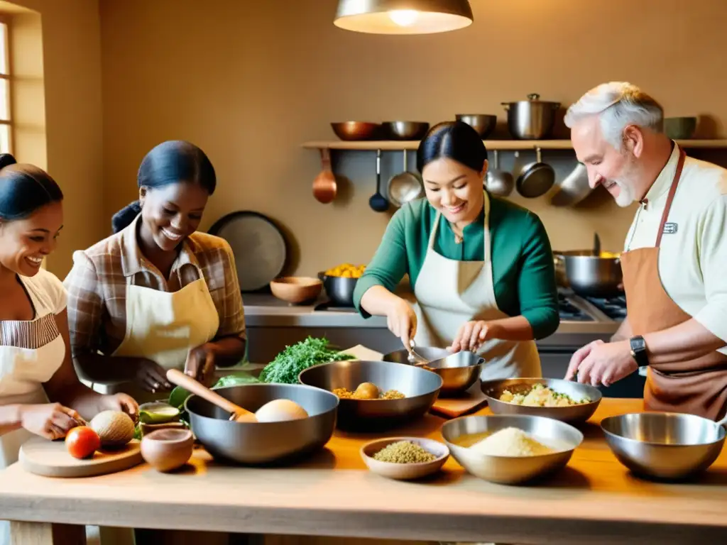 Anuncio de clases de cocina ancestral en línea: ambiente cálido en cocina rústica con personas preparando platos tradicionales