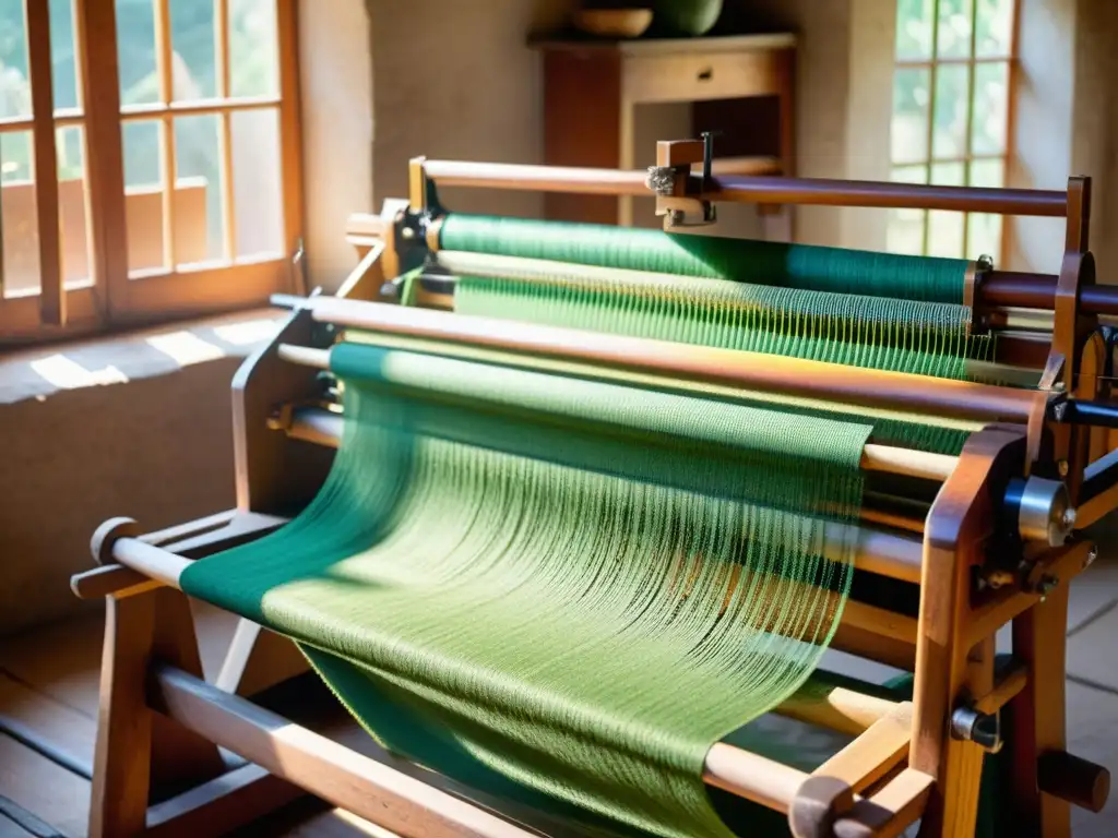 Aplicación de estampados tradicionales en interfaces: Antiguo telar en taller artesanal, tejidos y colores vibrantes iluminados por la luz cálida