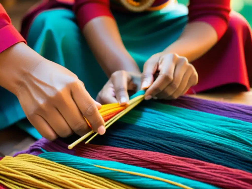Aprendizaje colaborativo: Artesanos tejiendo juntos Fotografía de aprendizaje colaborativo en proyectos artesanales, artesanos tejiendo con hilos coloridos en cálida luz vintage