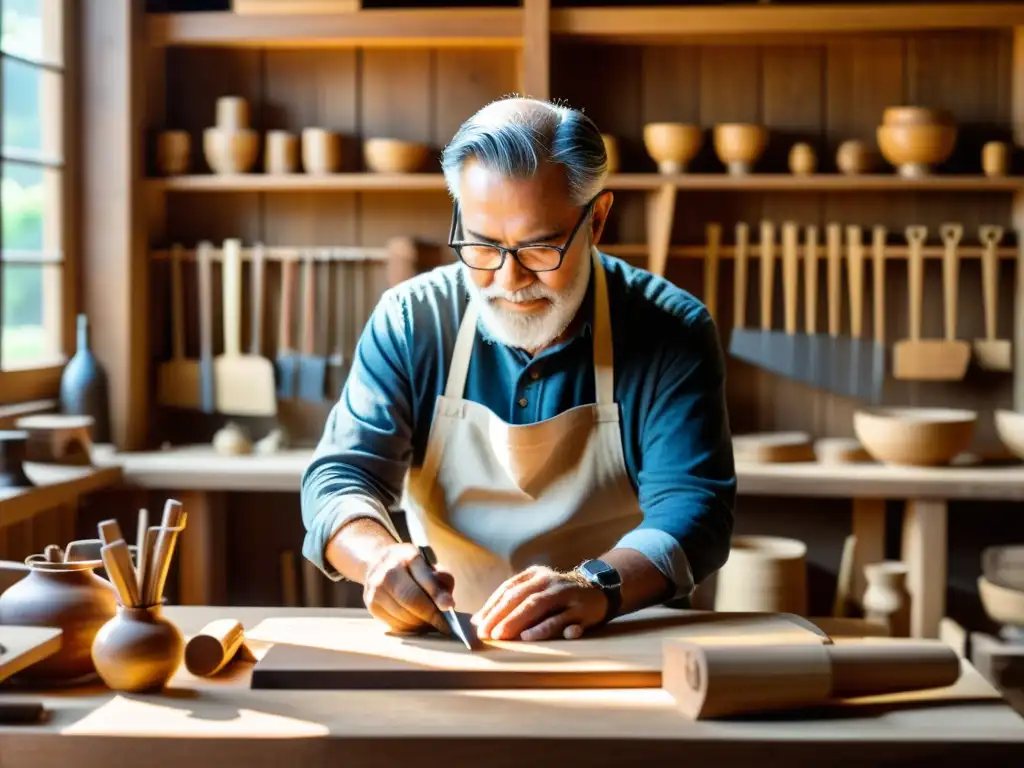 Armoniosa fusión de herramientas digitales para artesanías tradicionales y tradicionales, en un taller lleno de historia y evolución artesanal