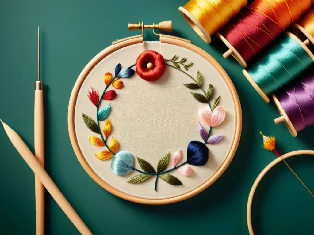 Bordado tradicional: arte y color en alta resolución Un aro de bordado tradicional con hilos coloridos y una aguja lista para comenzar a coser, en una atmósfera cálida y detallada