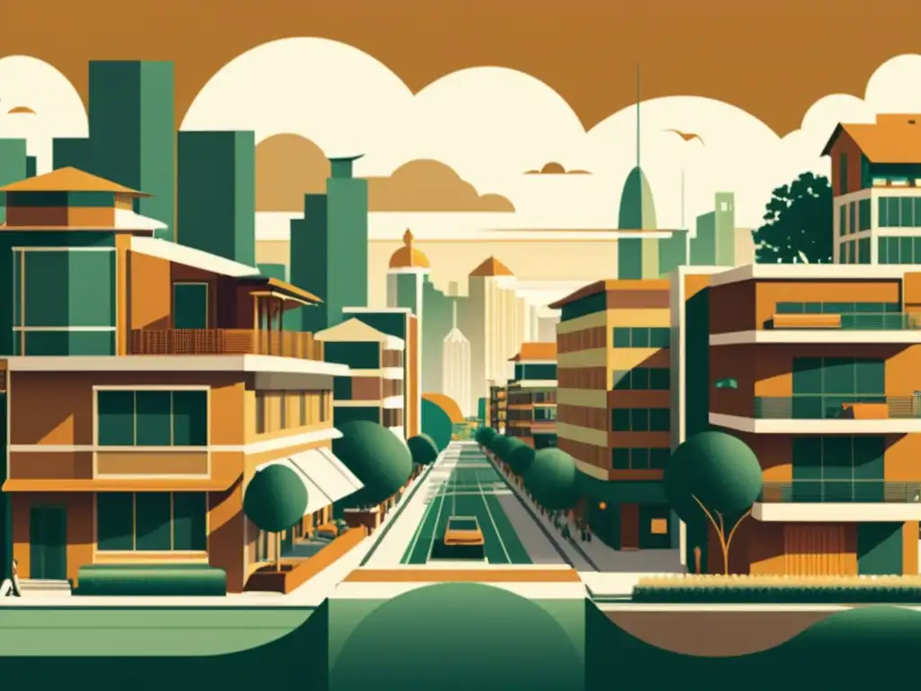 Una ilustración vintage de Arquitectura digital sostenible artesanal, fusionando tradición y tecnología en un paisaje urbano ecológico y armonioso