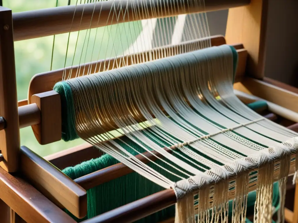 Arte del macramé: antiguo telar de madera con patrones intrincados iluminados por luz natural cálida