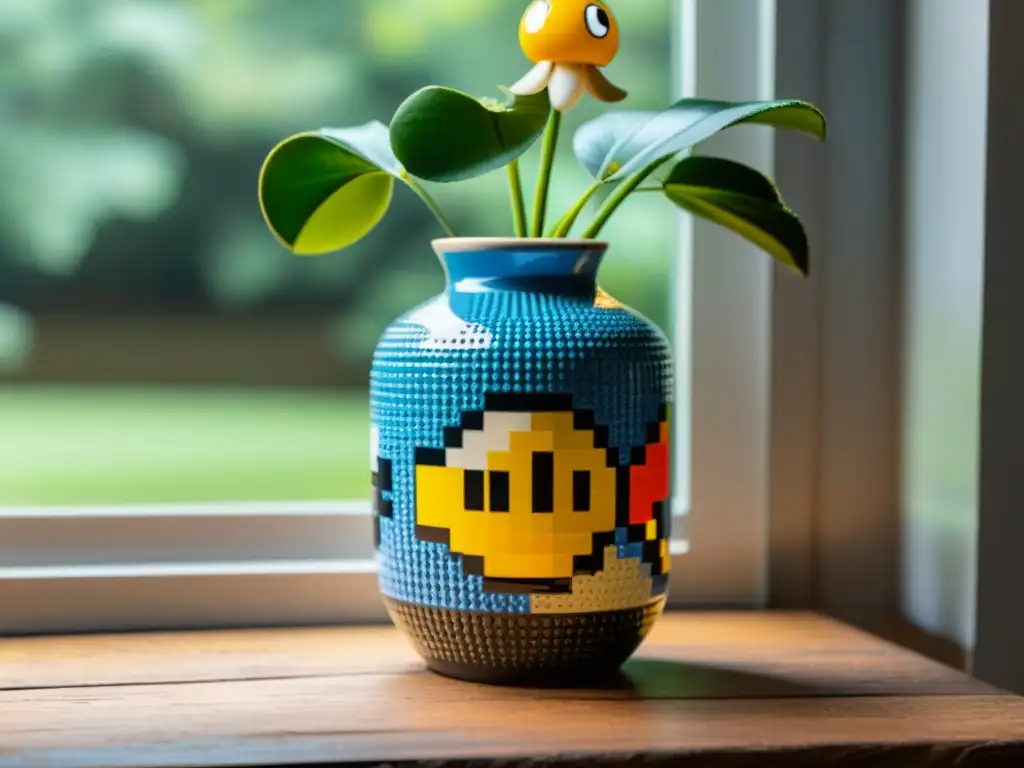 Arte cerámica con diseño pixelado de videojuegos en una hermosa vase vintage sobre mesa de madera iluminada por luz natural