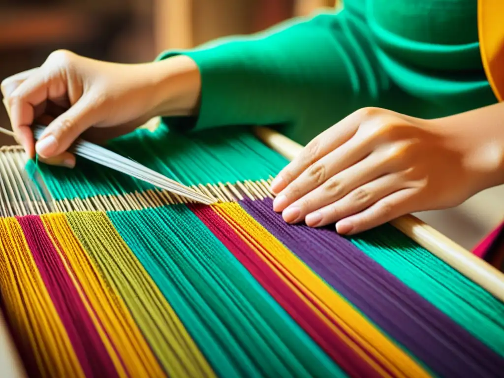 Arte digital inspirado en artesanía tradicional: Detalle de artesano tejiendo colorido textil con habilidad y pasión