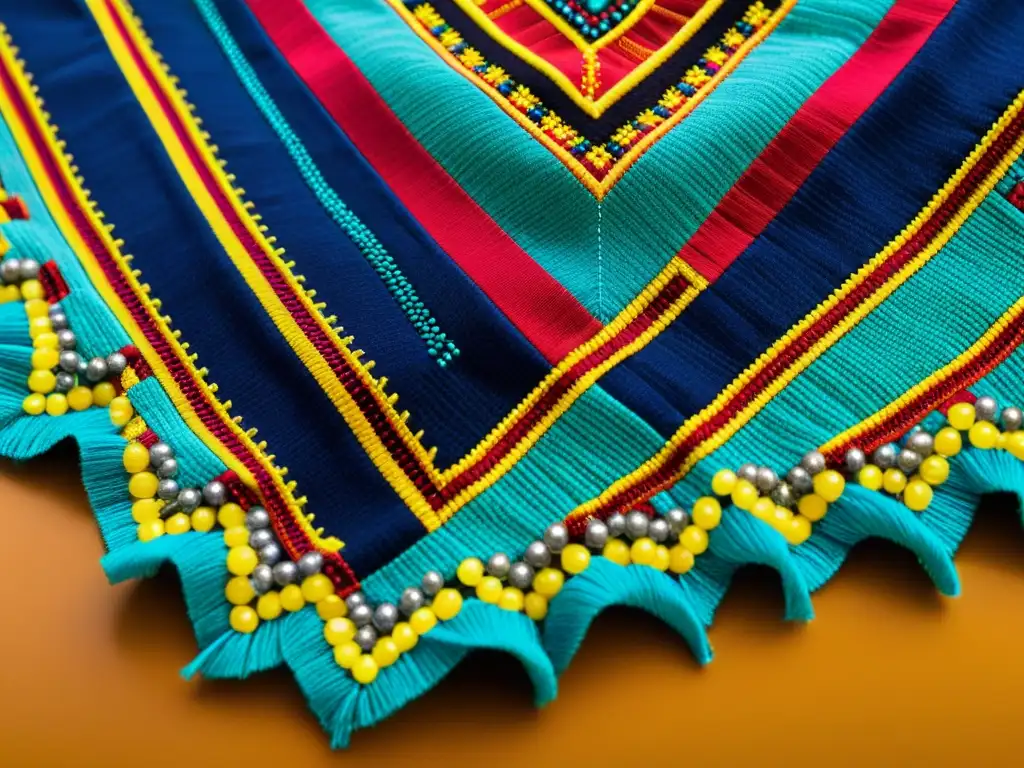 Arte digital inspirado en artesanía tradicional: Detalle de textil tradicional con bordados y colores vibrantes, evocando tradición y artesanía