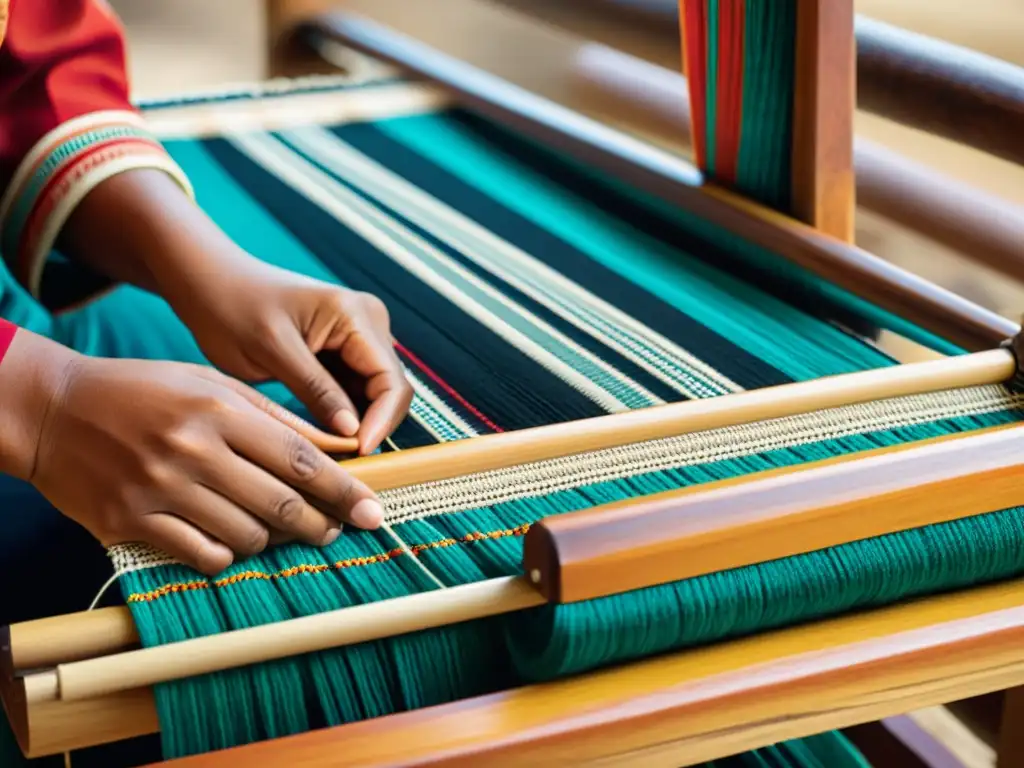 Arte digital de textiles indígenas: tejido tradicional en telar de madera, resalta colores y patrones, evocando herencia cultural y artesanía