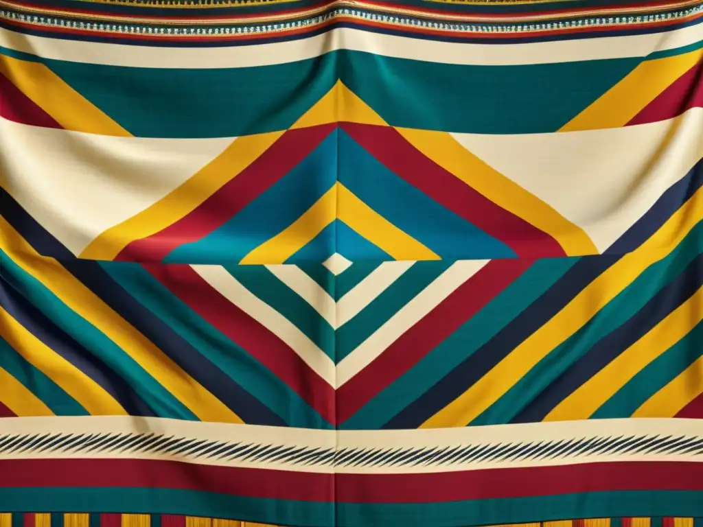 Arte digital de textiles indígenas con intrincados patrones y colores vibrantes sobre fondo vintage, evocando una herencia cultural