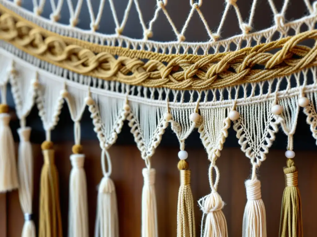 Arte del macramé en la identidad visual: Detalle de un tapiz vintage en tonos terrosos con patrón de nudos intrincados y borlas delicadas