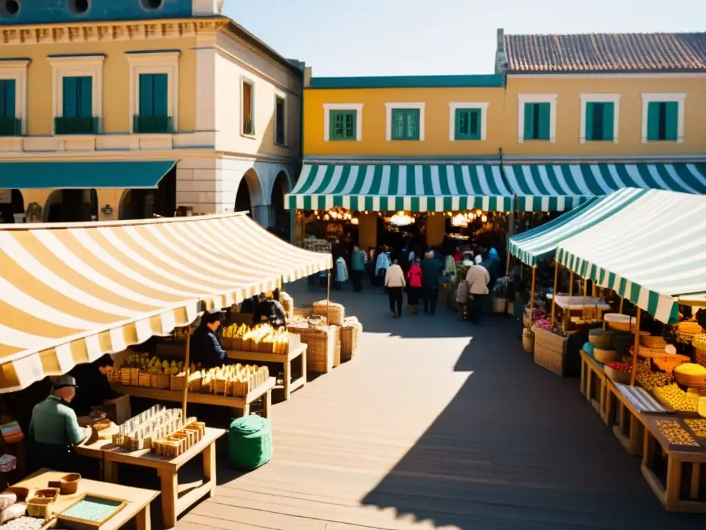 Arte popular en la era digital: Mercado artesanal animado con coloridas artesanías y edificios antiguos, bañado en cálido resplandor dorado