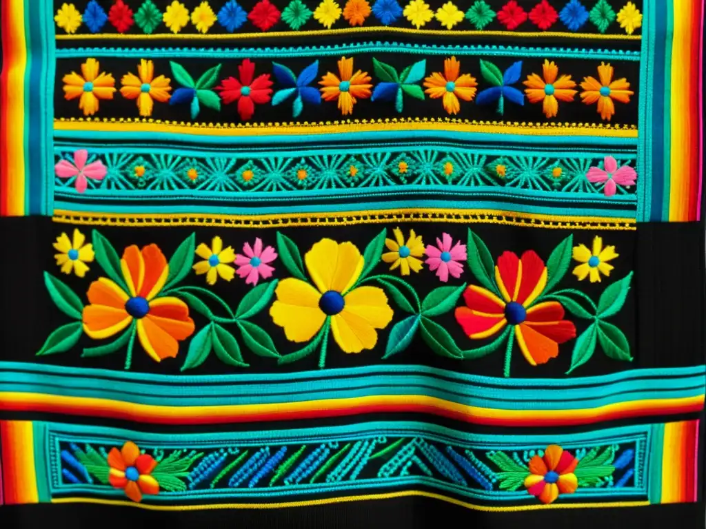 Arte popular tradicional en realidad aumentada: Textil mexicano bordado con motivos folclóricos y vibrantes colores en relieve