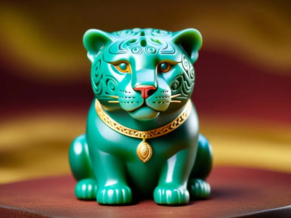 Arte Precolombino modelado 3D: Escultura de jaguar en jade con detalles realistas, en un ambiente evocador de la cultura mesoamericana