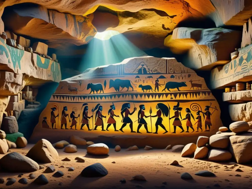 Arte Rupestre Indígena: Escenas Vívidas y Símbolos Antiguos Arte rupestre indígena digital: pintura de alta resolución de una cueva con arte ancestral en colores ricos y detalles nítidos