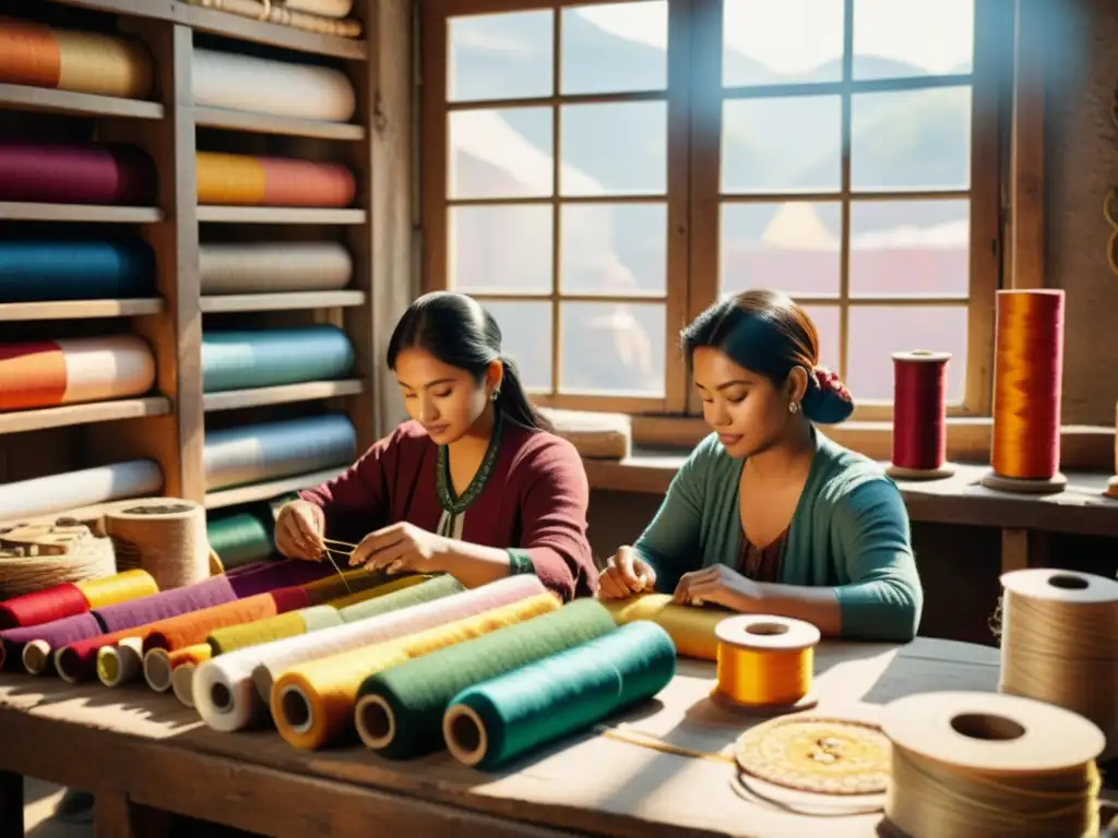 Arte textil tradicional y digital: Artesanos crean con pasión en un taller vintage, rodeados de colores y luz cálida